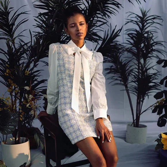 Zaful Dresses Zaful Tweed Plaid Pussy Bow Shirt Dress